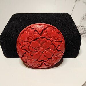 Vintage Red Lacquered Cinnabar Pendant with Floral Design